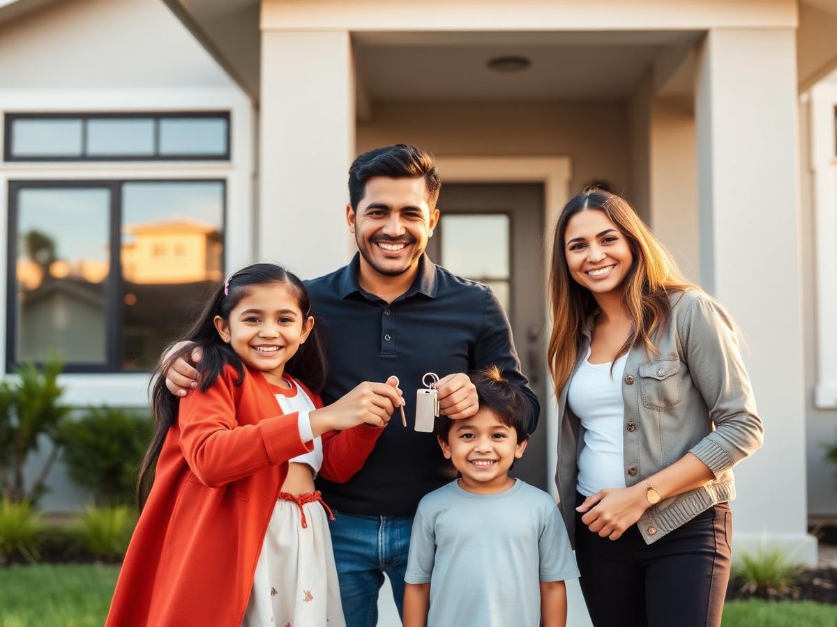Familia feliz recibiendo llaves de su nueva casa